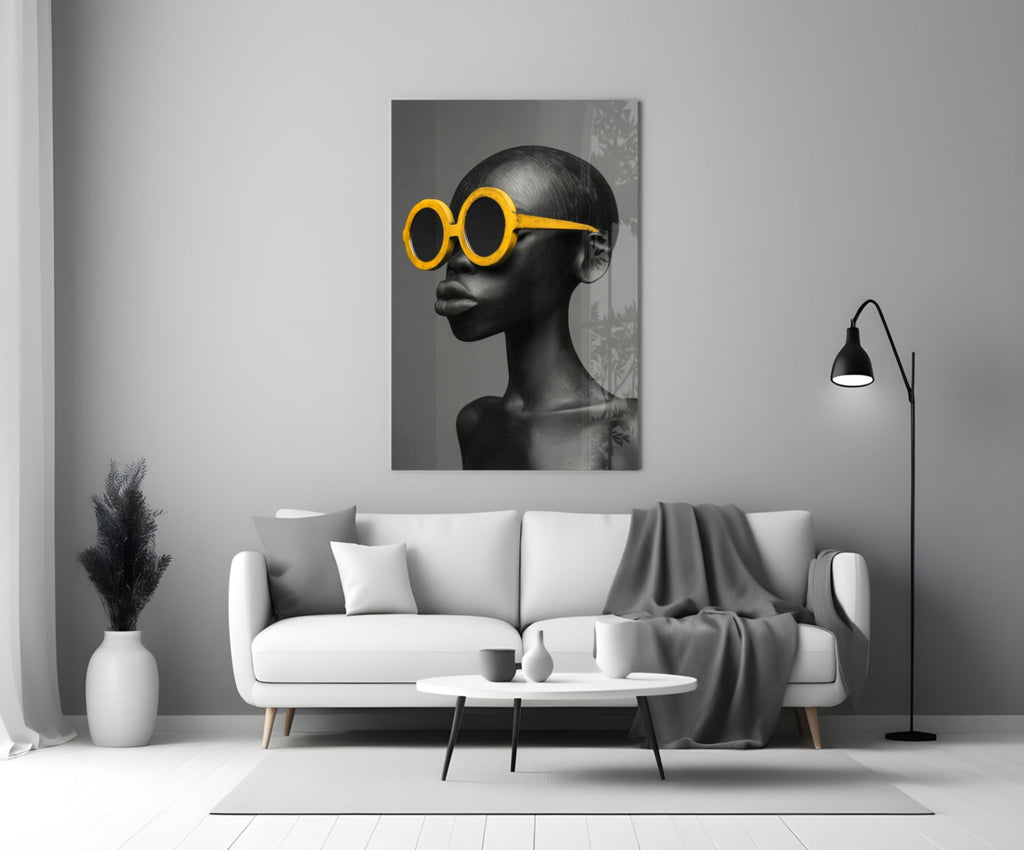 Yellow Sunglasses Portrait Glass Wall Art