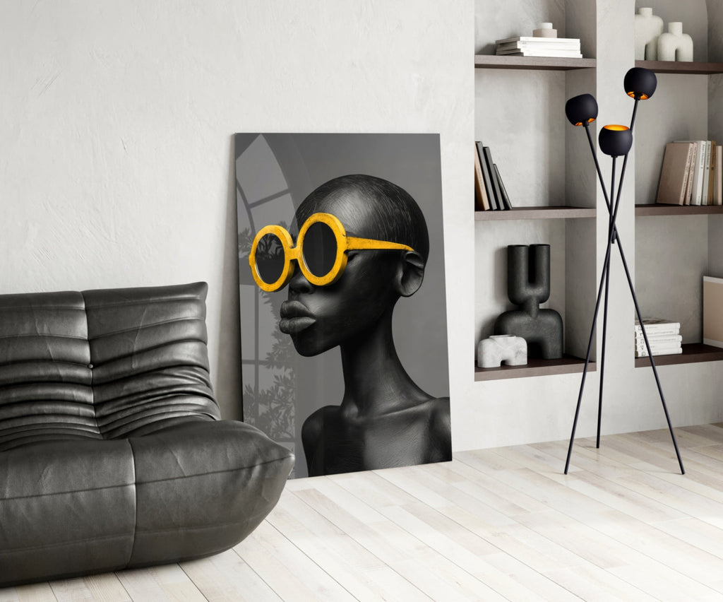 Yellow Sunglasses Portrait Glass Wall Art
