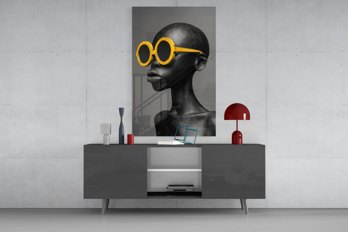 Yellow Sunglasses Portrait Glass Wall Art