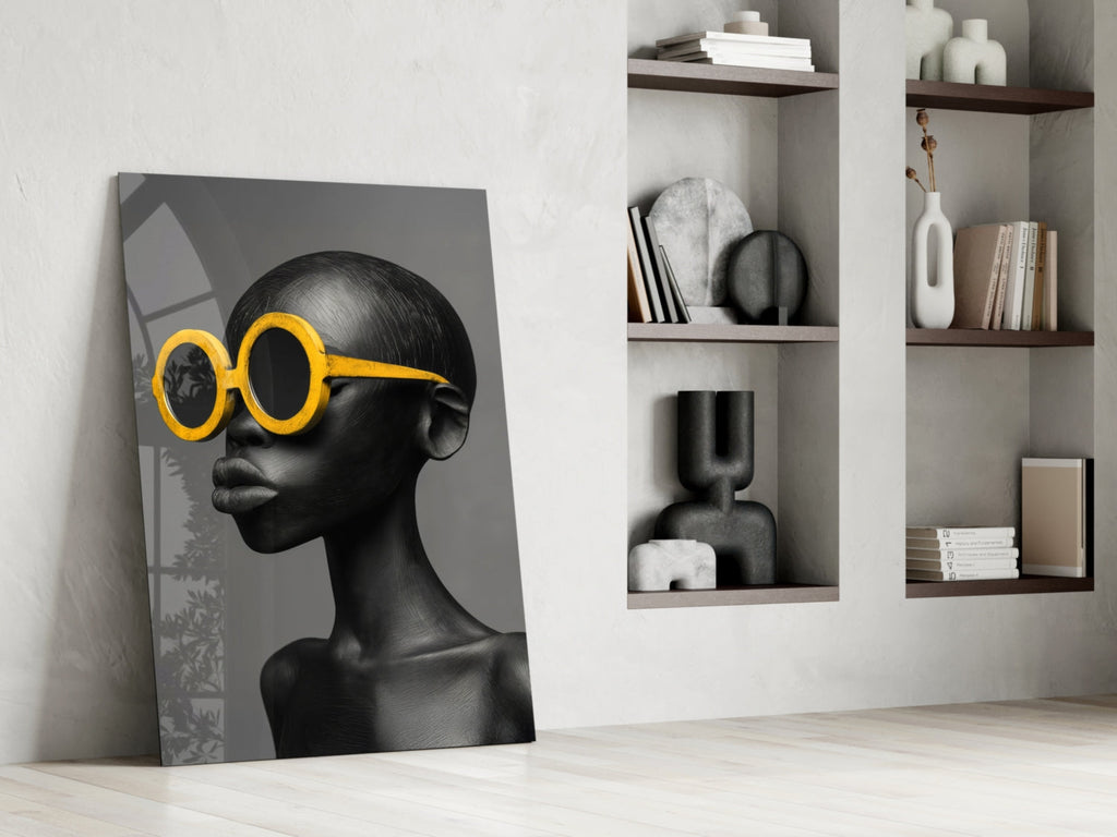 Yellow Sunglasses Portrait Glass Wall Art