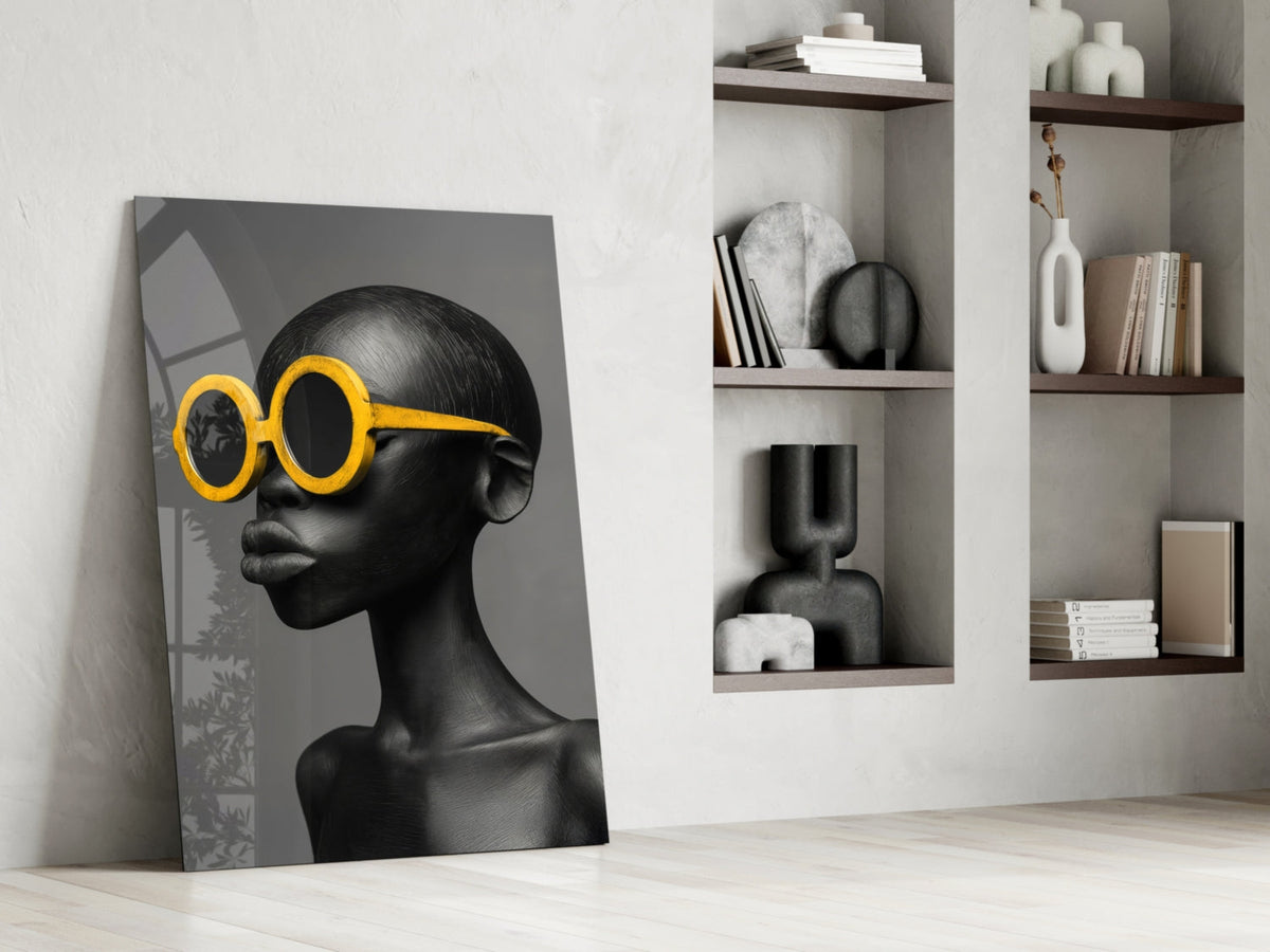 Yellow Sunglasses Portrait Glass Wall Art