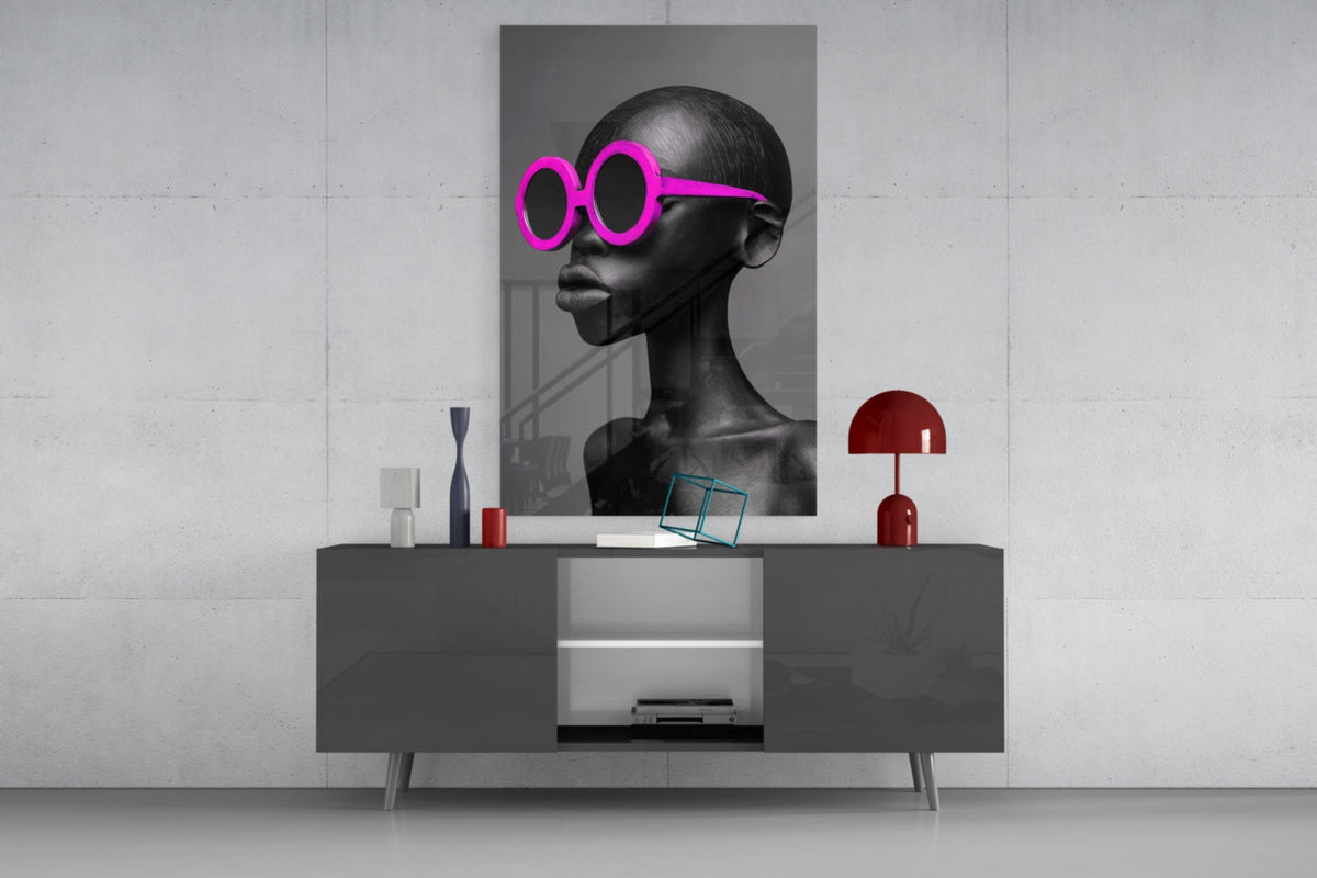 Hot Pink Sunglasses Portrait Glass Wall Art