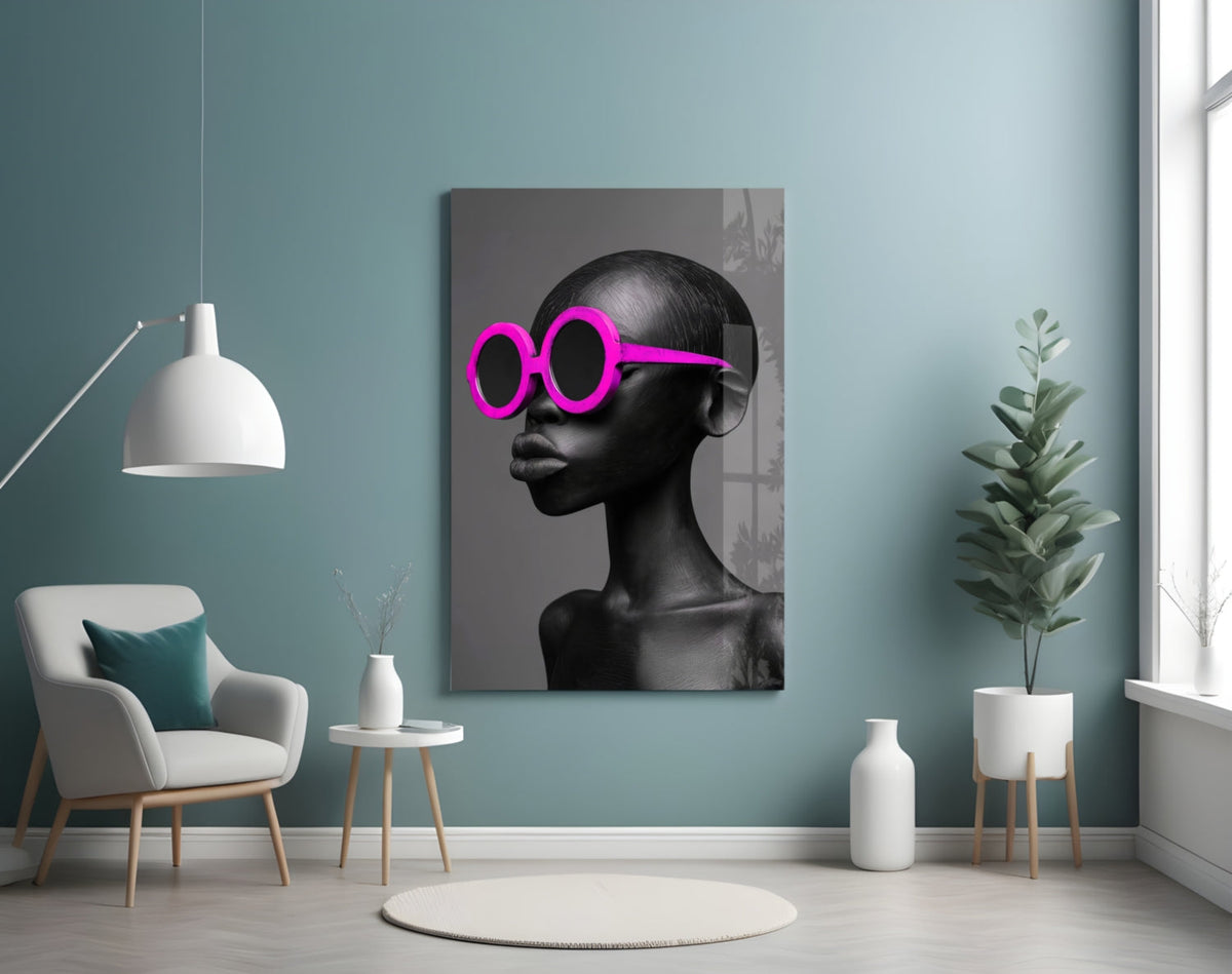 Hot Pink Sunglasses Portrait Glass Wall Art