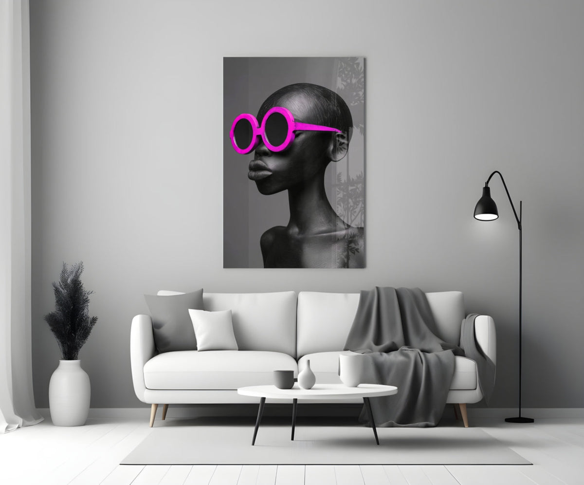 Hot Pink Sunglasses Portrait Glass Wall Art