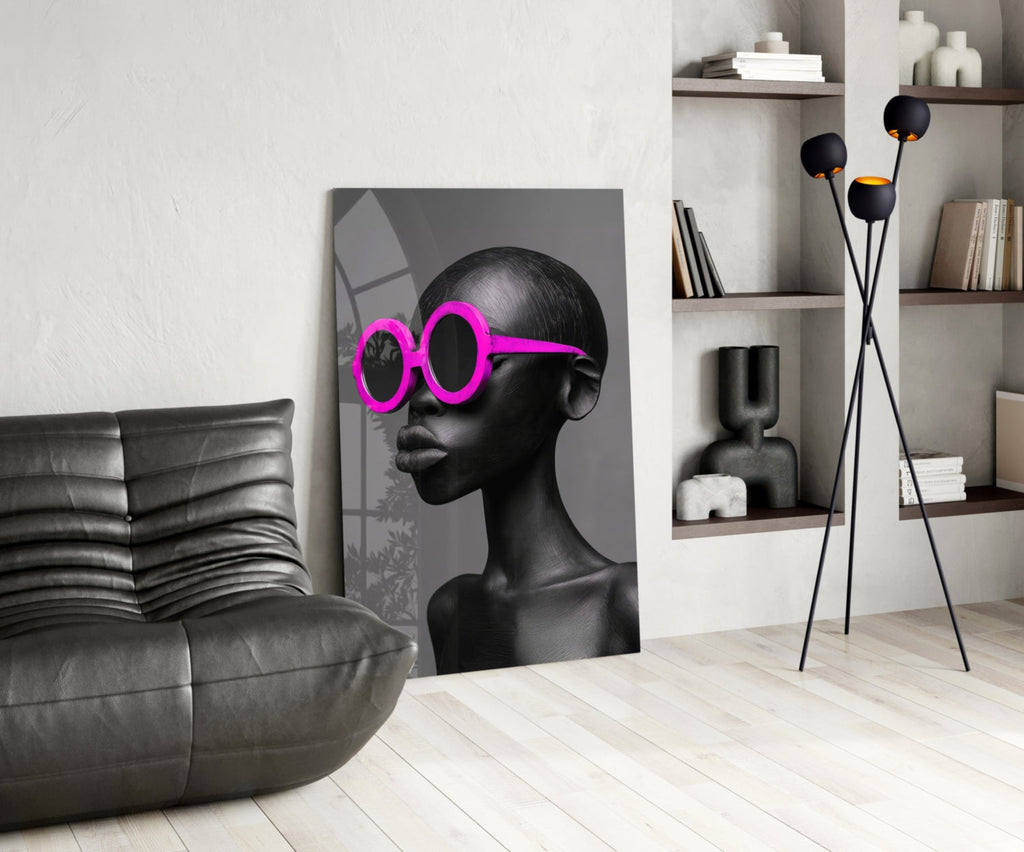 Hot Pink Sunglasses Portrait Glass Wall Art