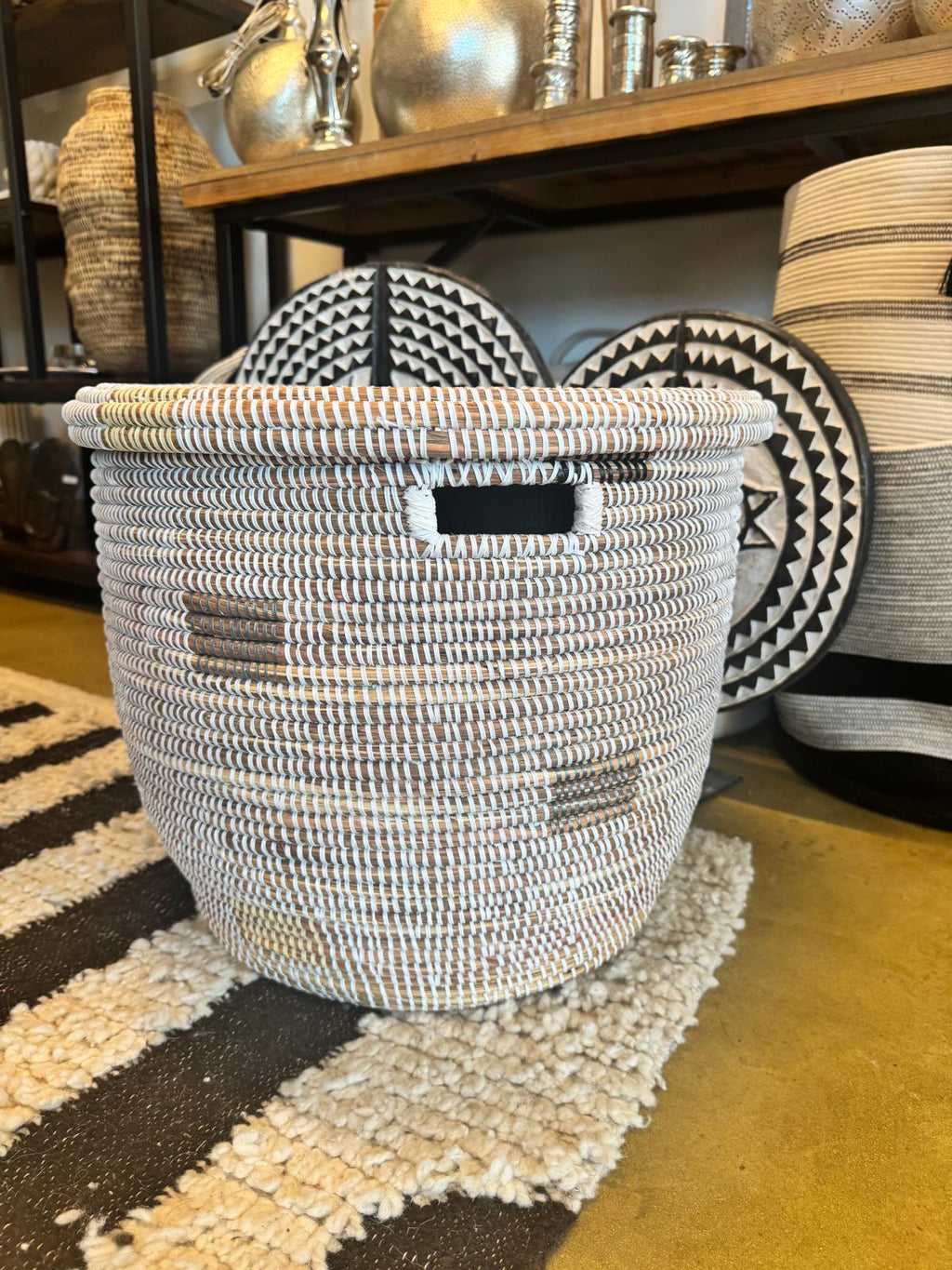 White Round Lidded Basket with Gray Squares Woven in Senegal