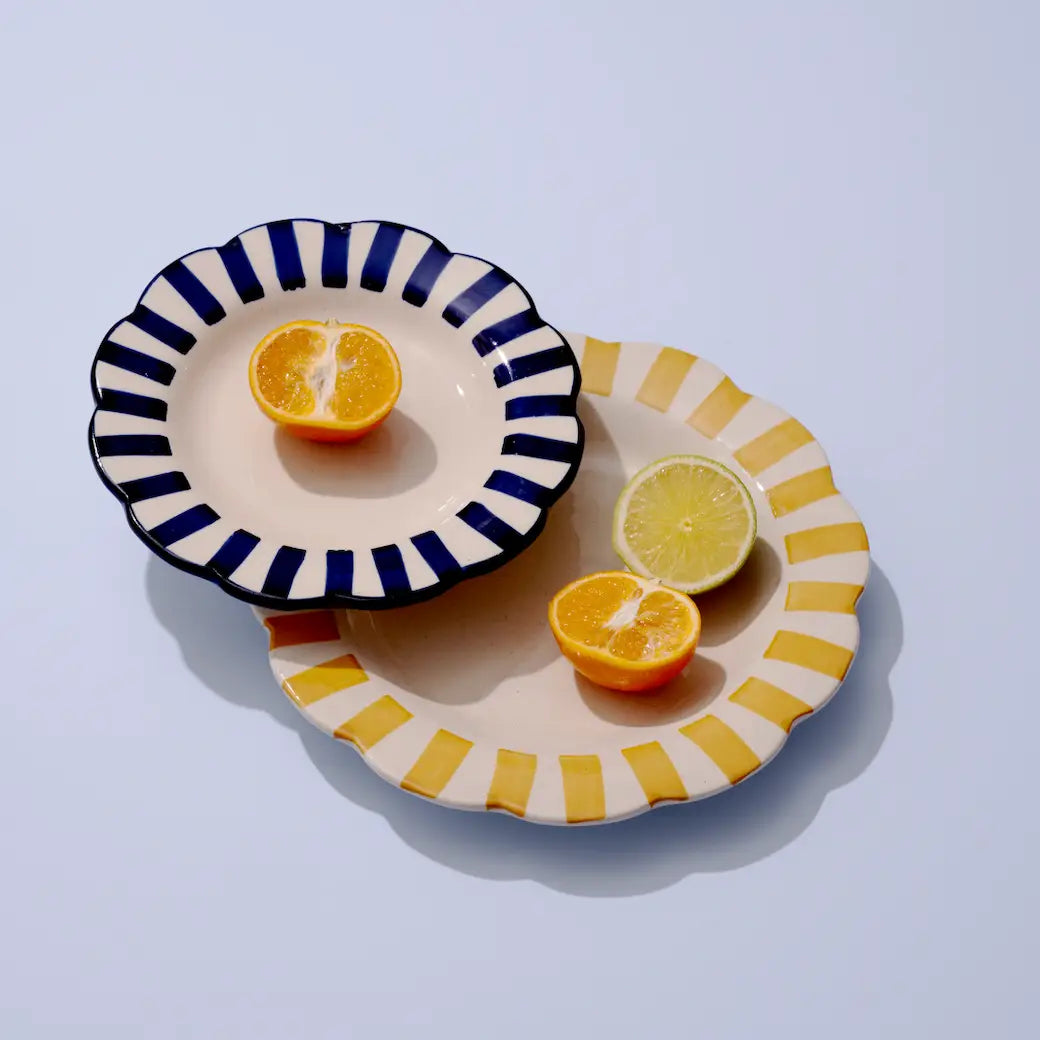 Yellow Stripe Dinner Plate 10"  Handpainted Ceramic, Set of 2
