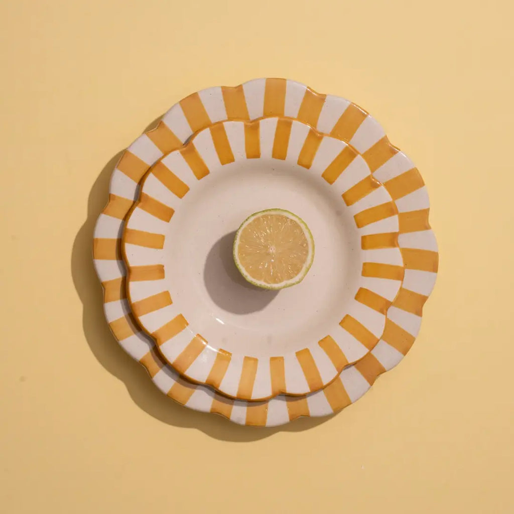 Yellow Stripe Ceramic Plate  Handpainted in India, Set of 2