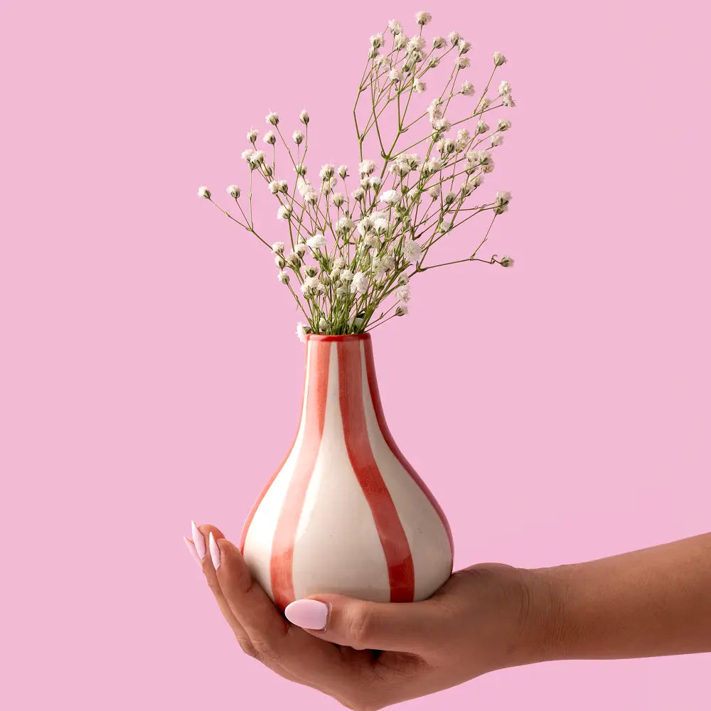 Red Stripe Bud Vase  Handpainted Ceramic, 4.75"