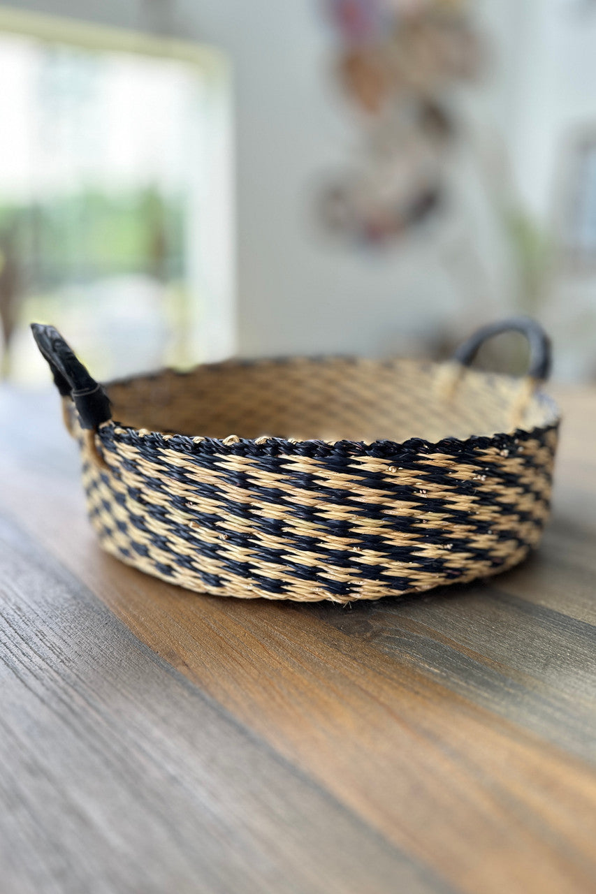 Natural & Black Checkered Handled Tray Woven in Ghana