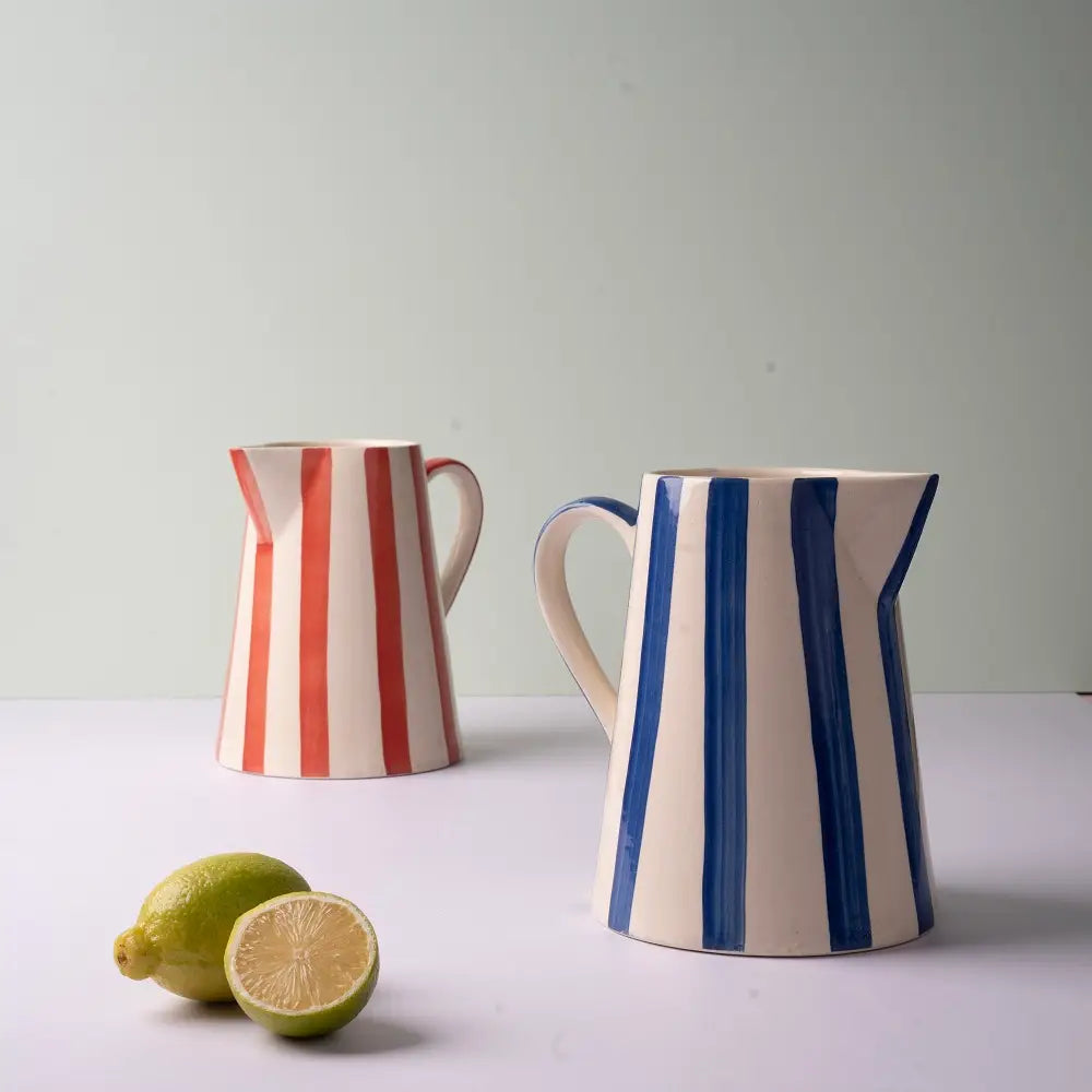 Red Stripe Stoneware Pitcher  Handpainted in India