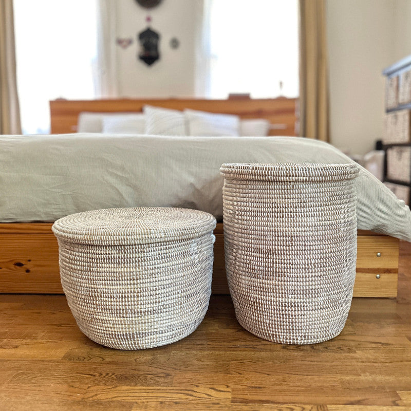 White Flat Lid Floor Basket Woven in Senegal
